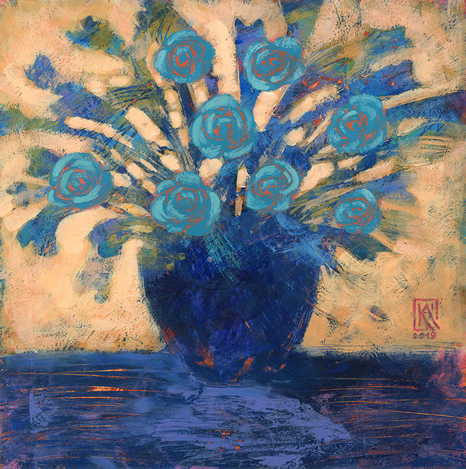 Csendélet kék vázával / 30 × 30 cm, akril, farost, keret nélkül, Ár: 40.000 Ft
