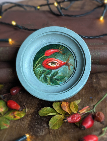 Csipkebogyó, eredeti miniatür olajfestmény